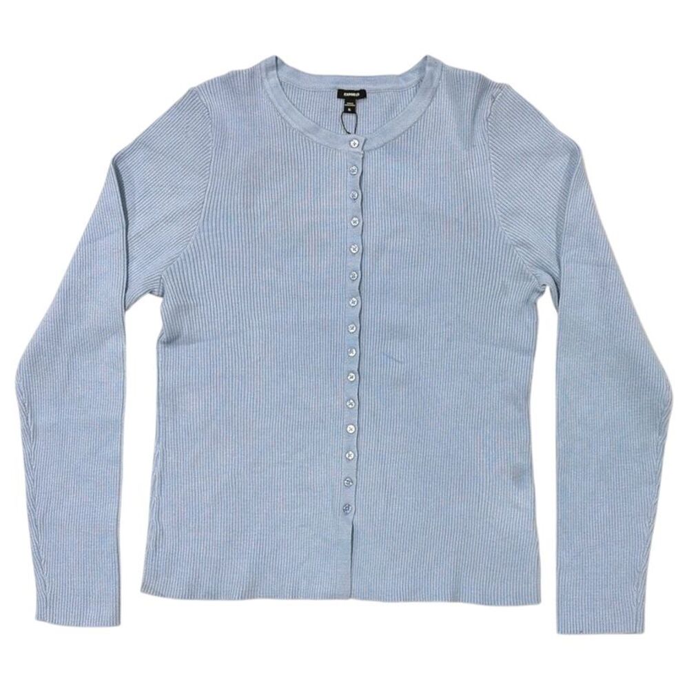 Express Women's Lightweight Slim Fit Ribbed Button-Up Sweater - Blue